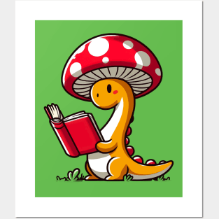 Kawaii simple Mushroom Hat Dinosaur Brontosaurus Reading Book Posters and Art